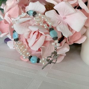 Dainty Pearl & Larimar 7.5” Bracelet with Heart Clasp